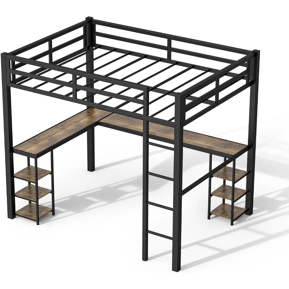 ZHUOTING Loft Bed With Desk And Open Shelves Heavy Duty Metal