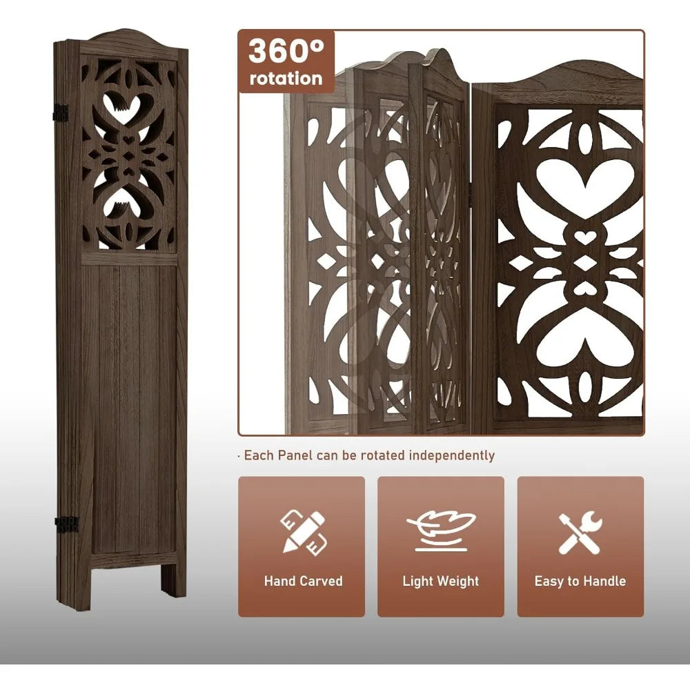 Wood Freestanding Room Divider Carved Folding Privacy