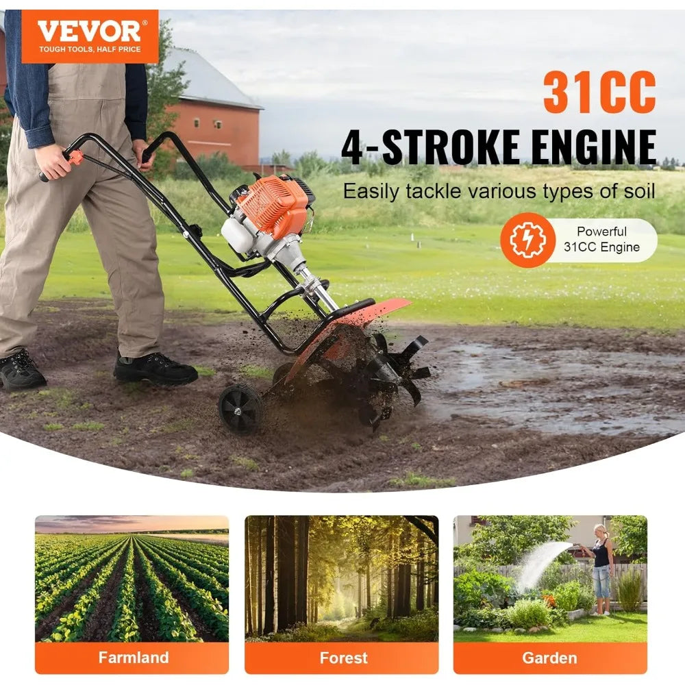 XMSJ 31cc Four Stroke Garden Tiller With Adjustable Steel Tines