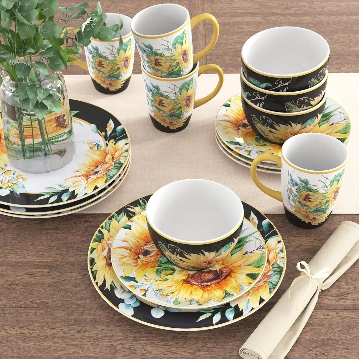 Sunflower Fields Ceramic Dinnerware Set Service For Four