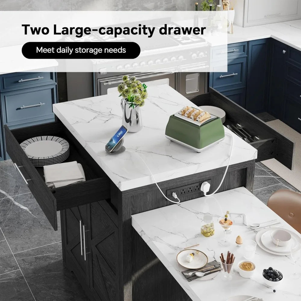 LZJV Farmhouse Rolling Kitchen Island With Extendable Table WineGlassHolder