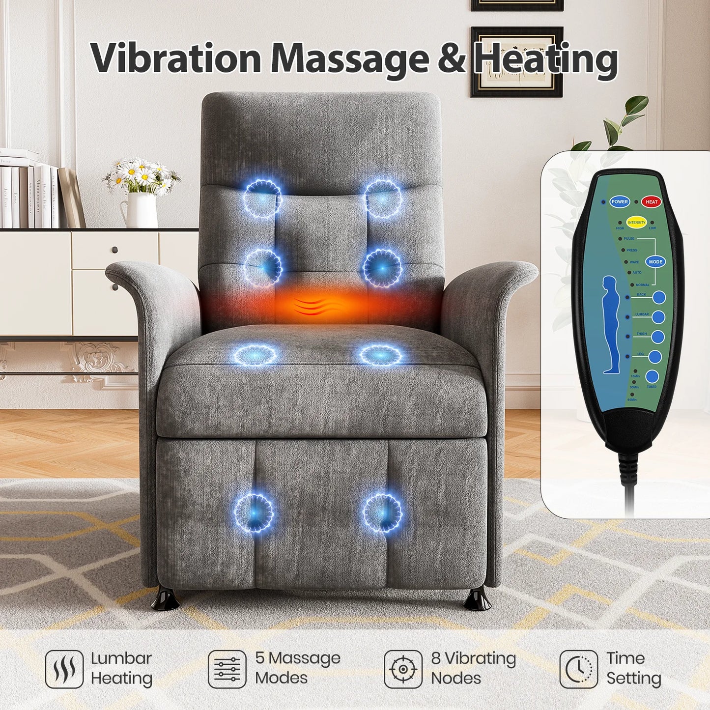 Power Recliner Chair Heated Massage Theater Seating Fabric