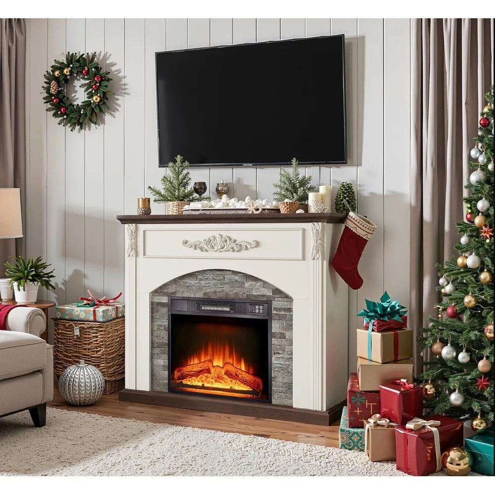 Farmhouse Style TV Stand With Electric Fireplace And Stone Surround