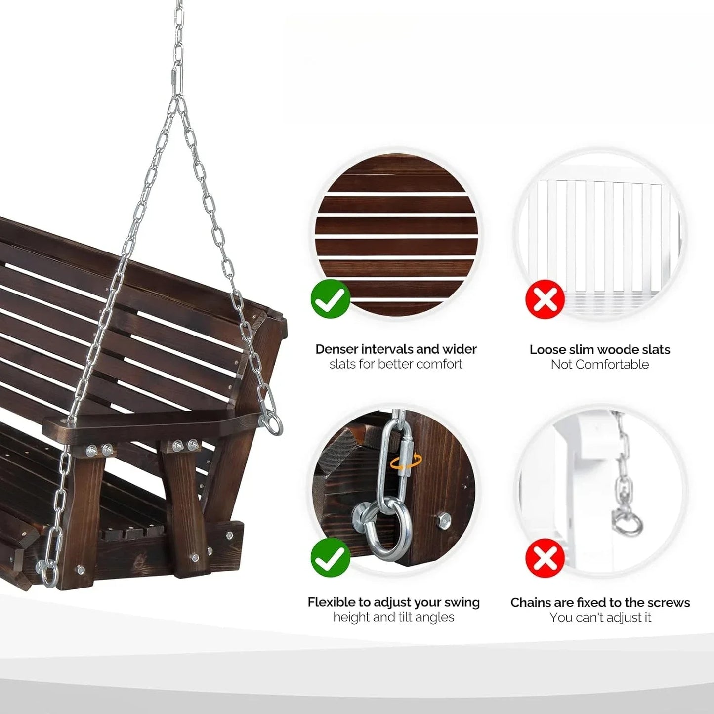 XMSJ Upgraded Patio Wooden Porch Swing for Garden and Courtyard