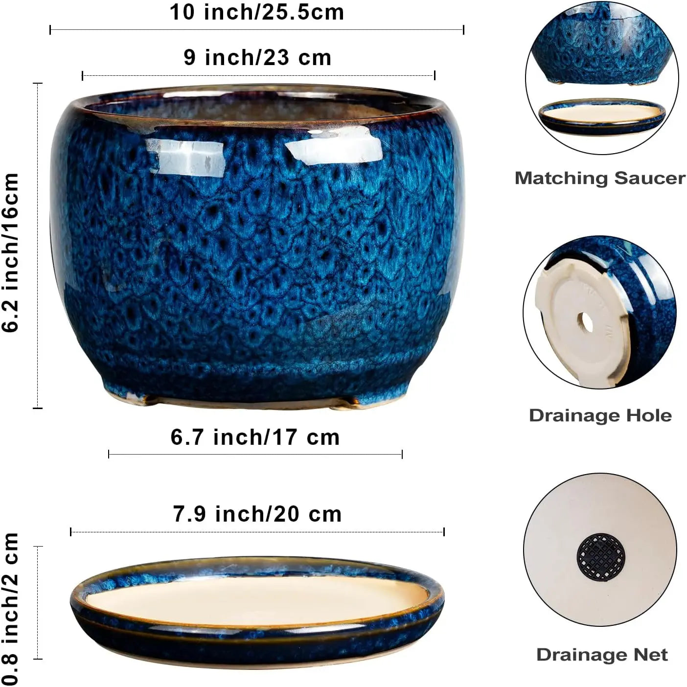 Ceramic Planter With Drainage Hole And Saucer For Indoor Plants