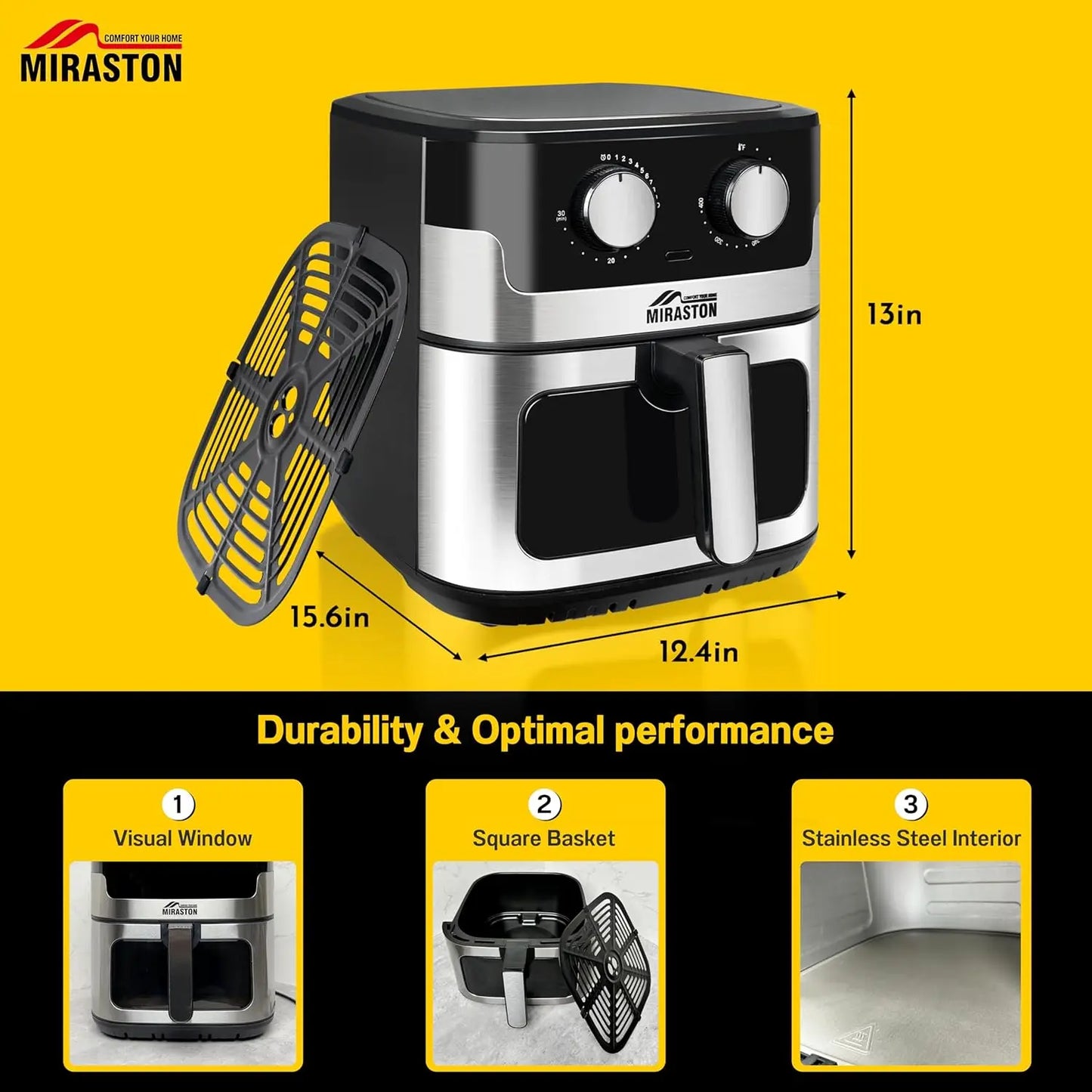 Iosn Stainless Steel Air Fryer With Visual Window Square Basket
