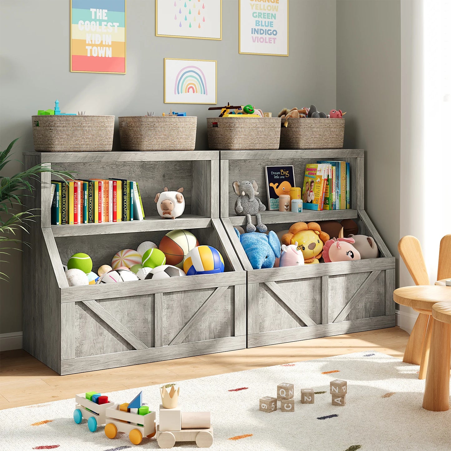 Kids Wooden Toy Storage Organizer With Cubby Bookshelf