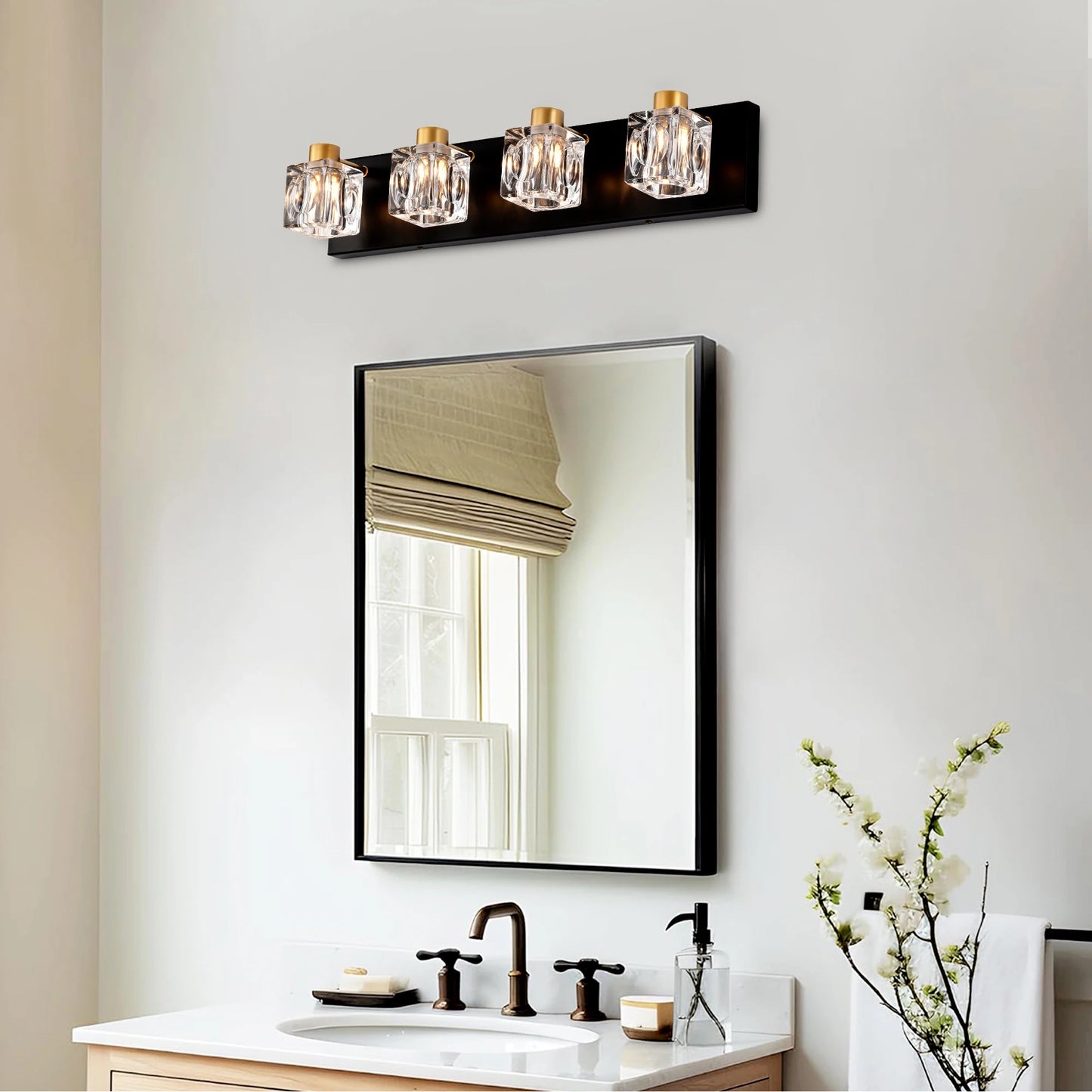 4 Light Bathroom Vanity Fixture With Crystal Glass Shade