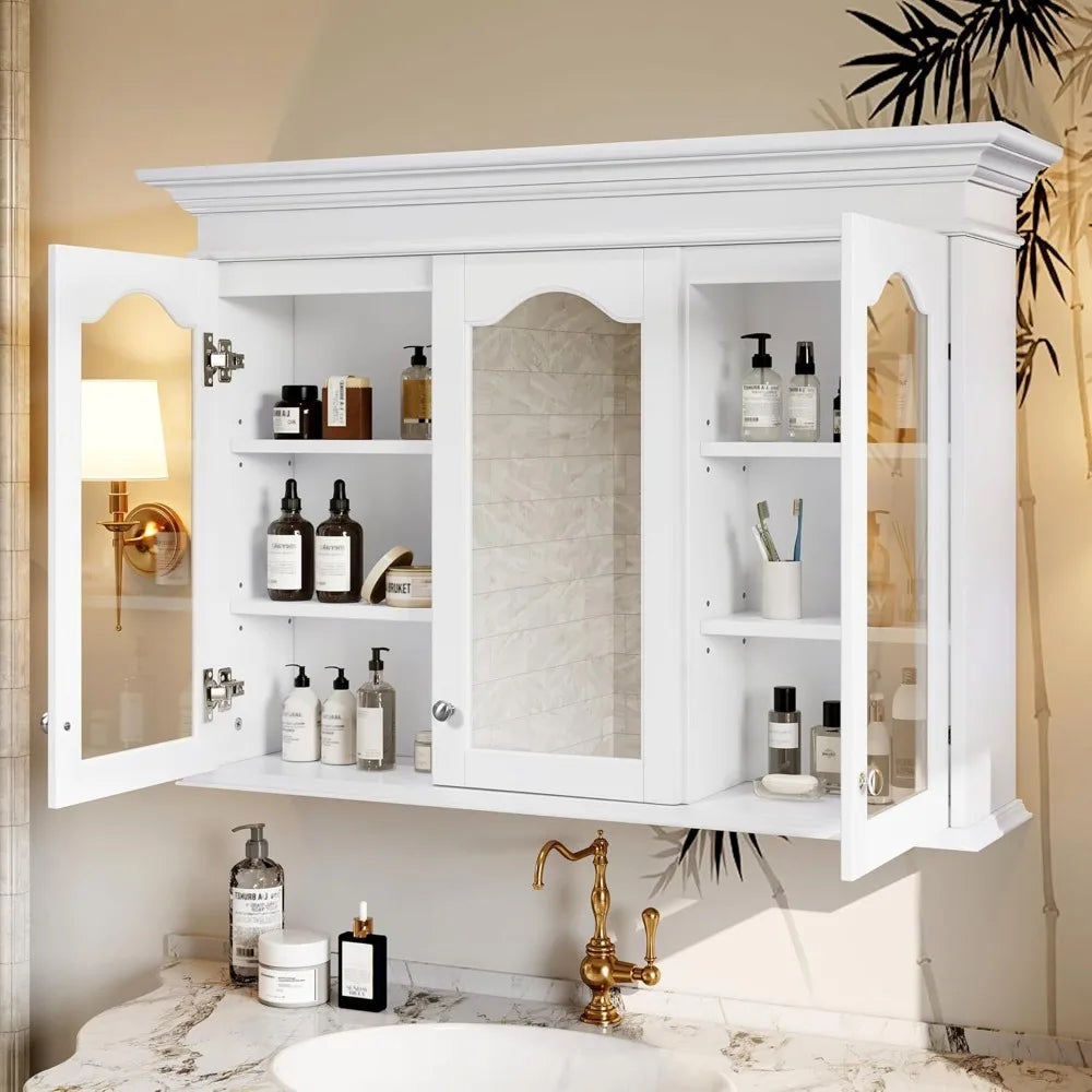 Medicine Cabinet Mirror Wall Mounted Bathroom Glass Doors Adjustable Shelves