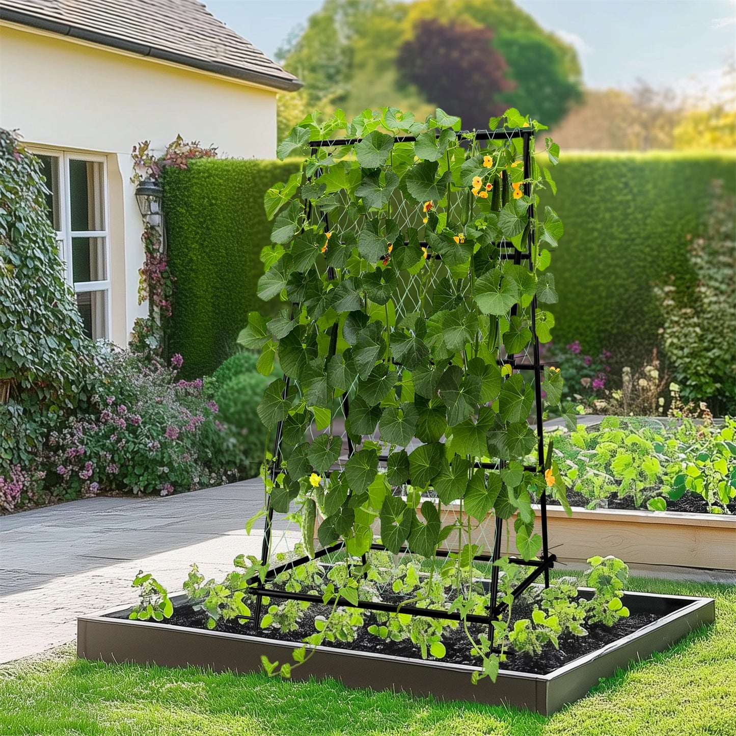 A Shaped Garden Trellis With Nylon Netting For Beans