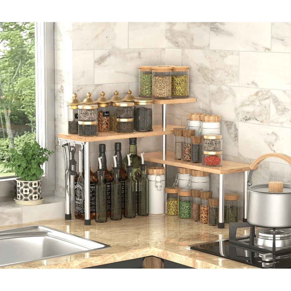 Bamboo Corner Shelf Organizer With Hooks Eco Friendly For Kitchen And Bathroom