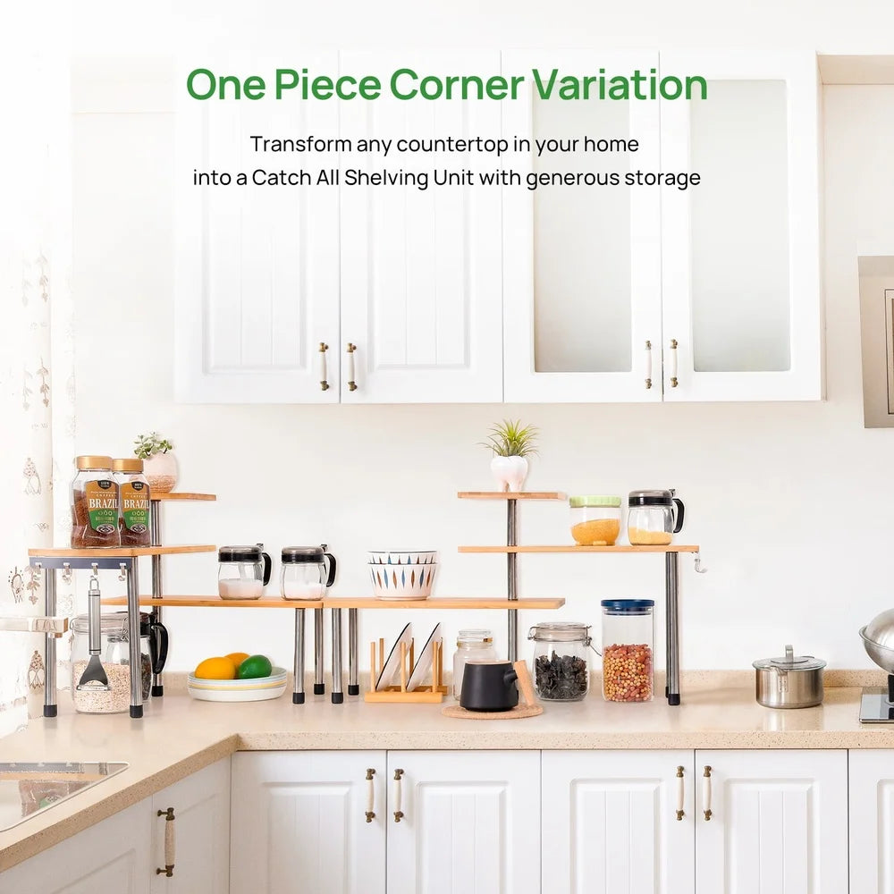 Bamboo Corner Shelf Organizer With Hooks Eco Friendly For Kitchen And Bathroom