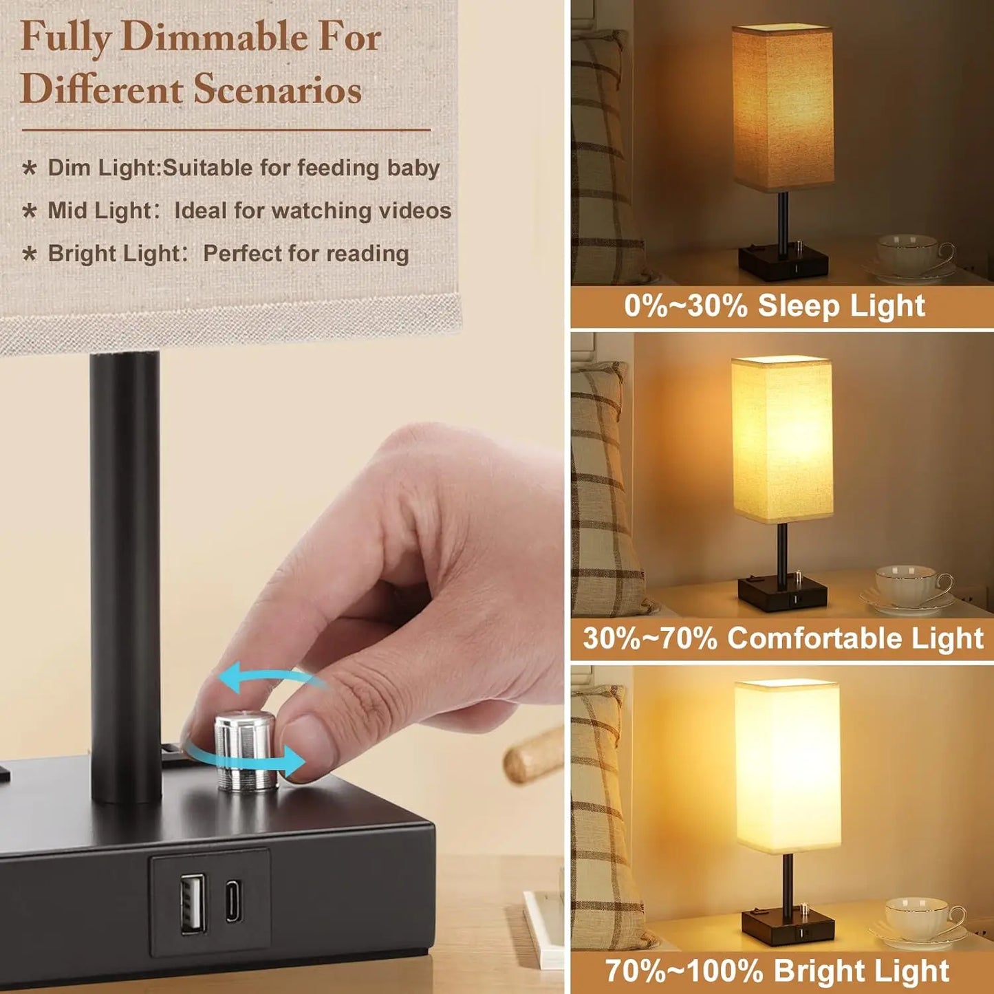 Fully Dimmable Nightstand Lamps Set Of 2 With USB Ports