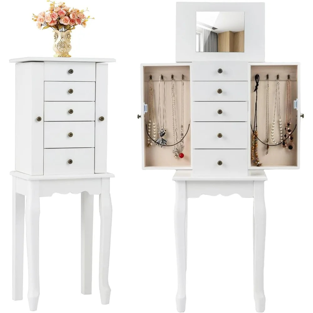 Standing Jewelry Armoire Cabinet 4 Drawers And Flip Top Mirror