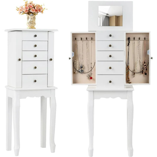 Standing Jewelry Armoire Cabinet 4 Drawers And Flip Top Mirror