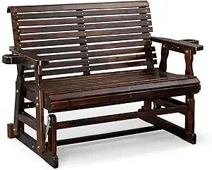 Durable Wooden Patio Glider Chair With Built-In Cup Holders