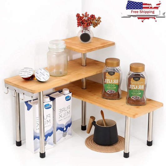 Bamboo Corner Shelf Organizer With Hooks Eco Friendly For Kitchen And Bathroom