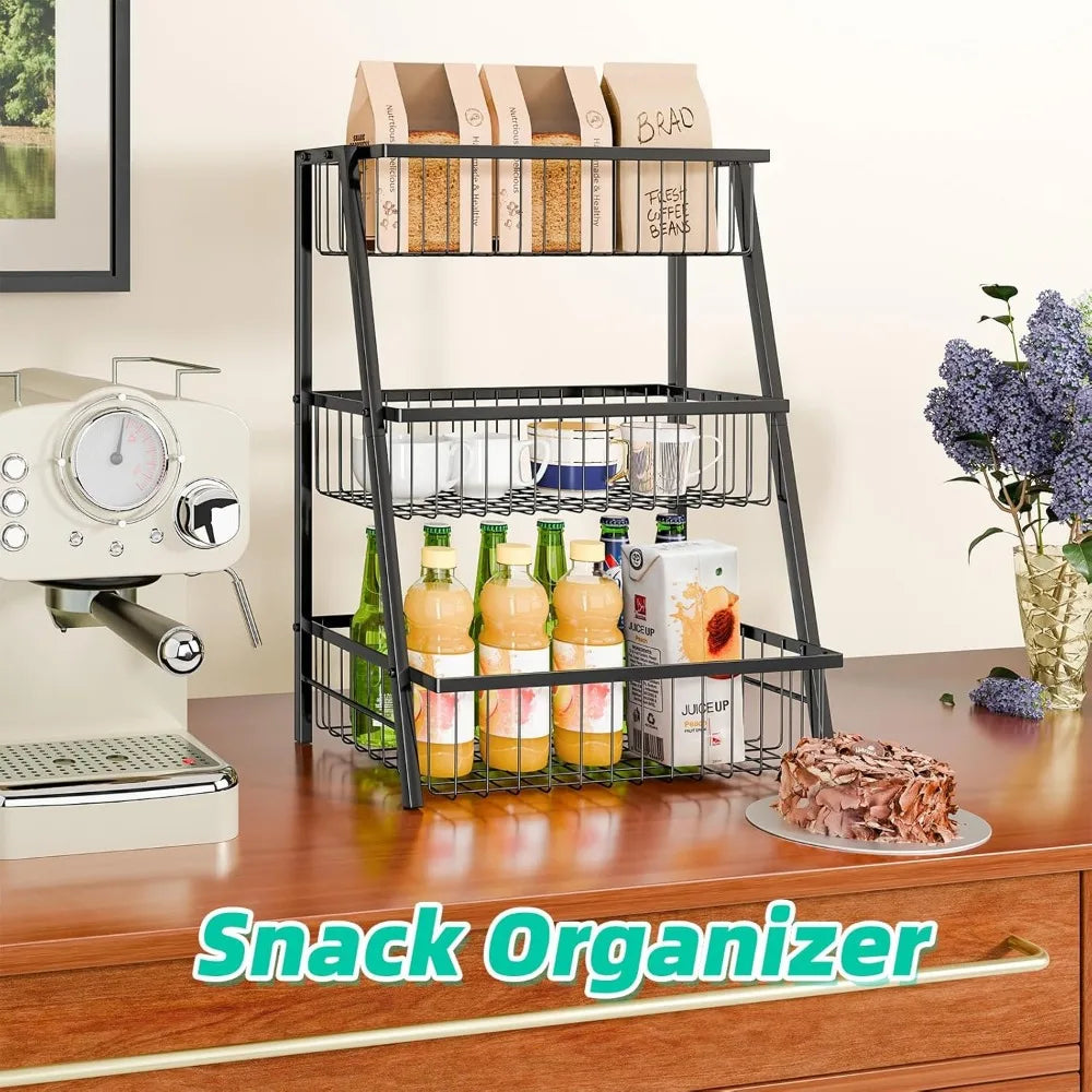 Three Tier Fruit Basket With Four Banana Hooks Metal Wire