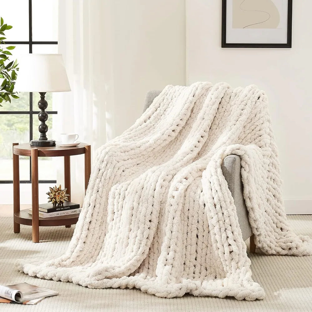 Chunky Knit Bamboo Fiber Blanket Throw Chenille Cable For Sofa