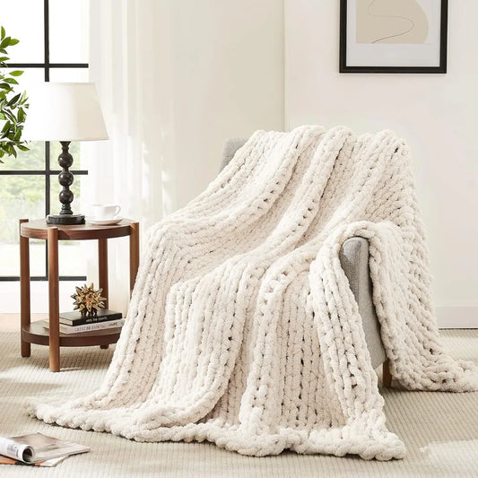 Chunky Knit Bamboo Fiber Blanket Throw Chenille Cable For Sofa