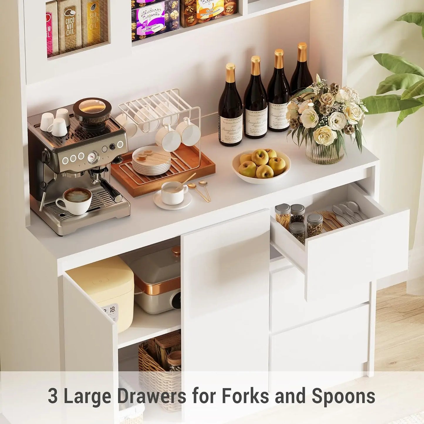 Studyset Kitchen Pantry Cabinet Microwave Stand With Led Lights And Outlets