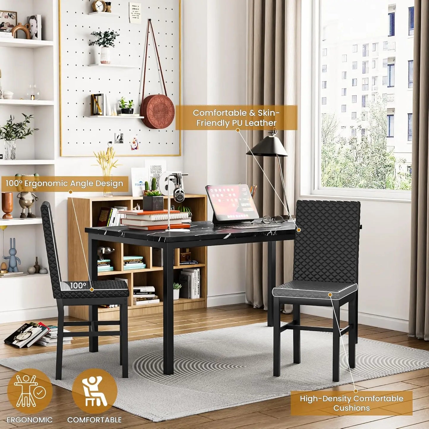 GUOHE Dining Table Set 6 Faux Marble PU Leather Chairs