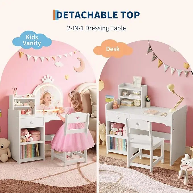 HiMISS Kids Vanity With Lights 2-In-1 Makeup Desk And Chair