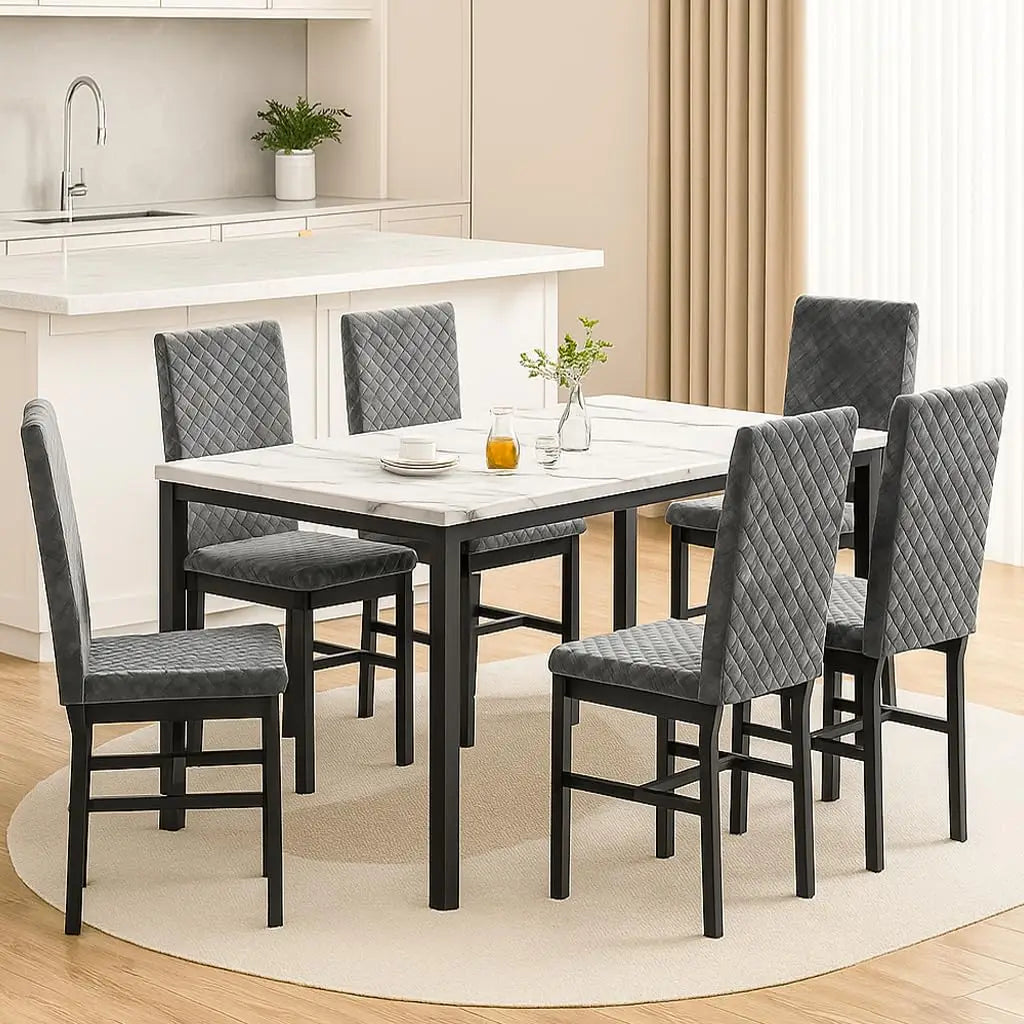 GUOHE Dining Table Set 6 Faux Marble PU Leather Chairs
