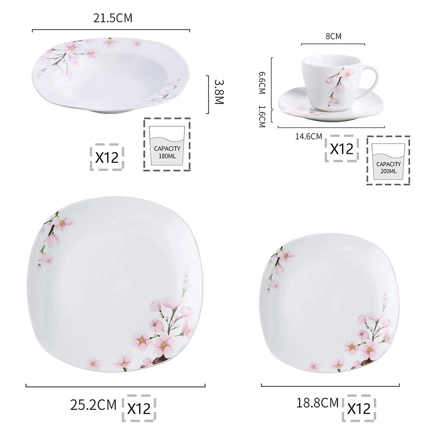 MALACASA Annie 60 Piece Dinnerware Set Porcelain Plates Cups Saucers