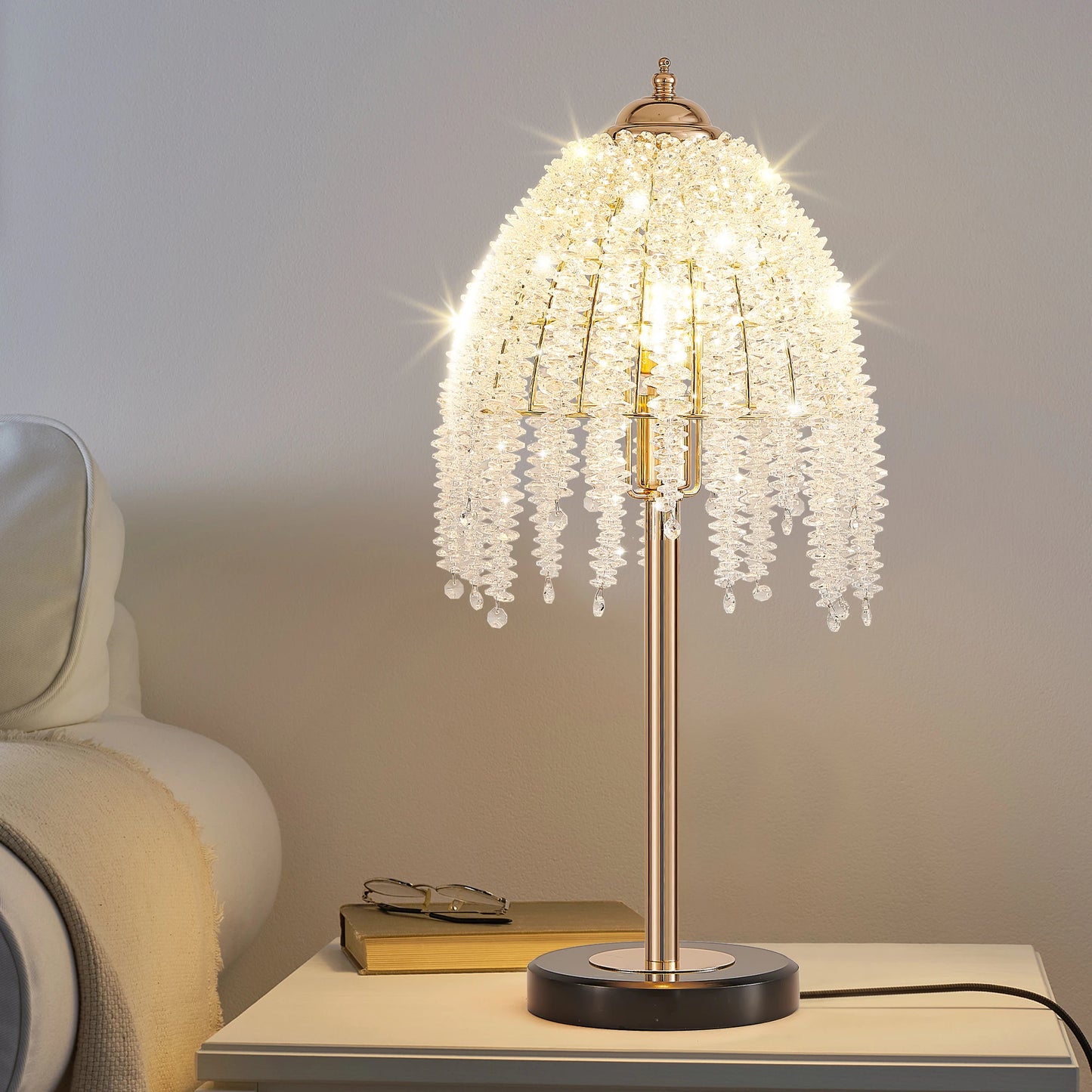 Elegant Crystal Table Lamp Waterfall Design With Shade Marble Base