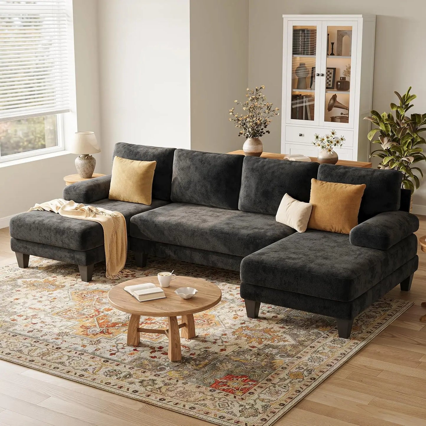 U Shaped Sectional Couch Chenille Sofa With Double Chaise