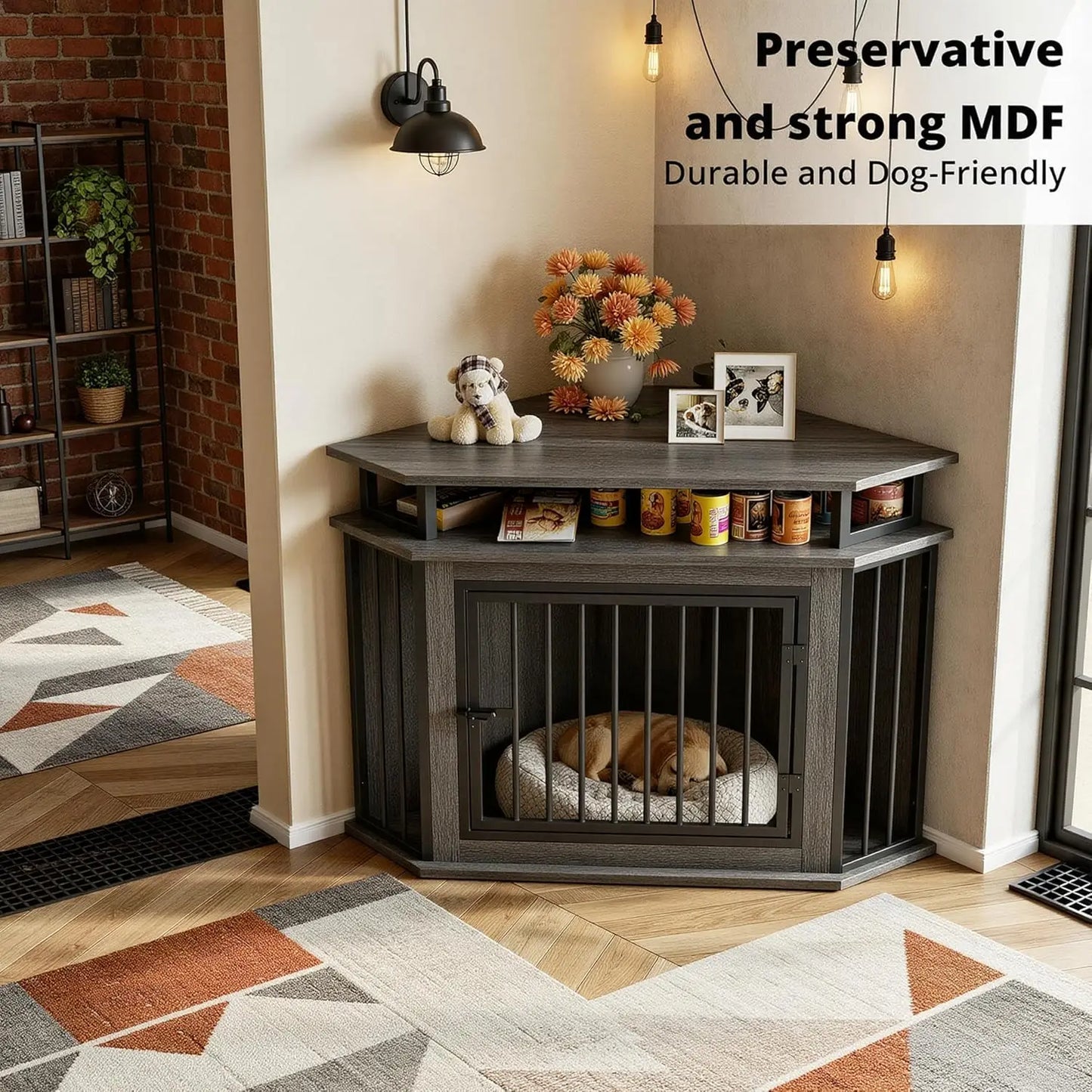 Corner Dog Crate With Two Tier Shelves Wooden Kennel Furniture
