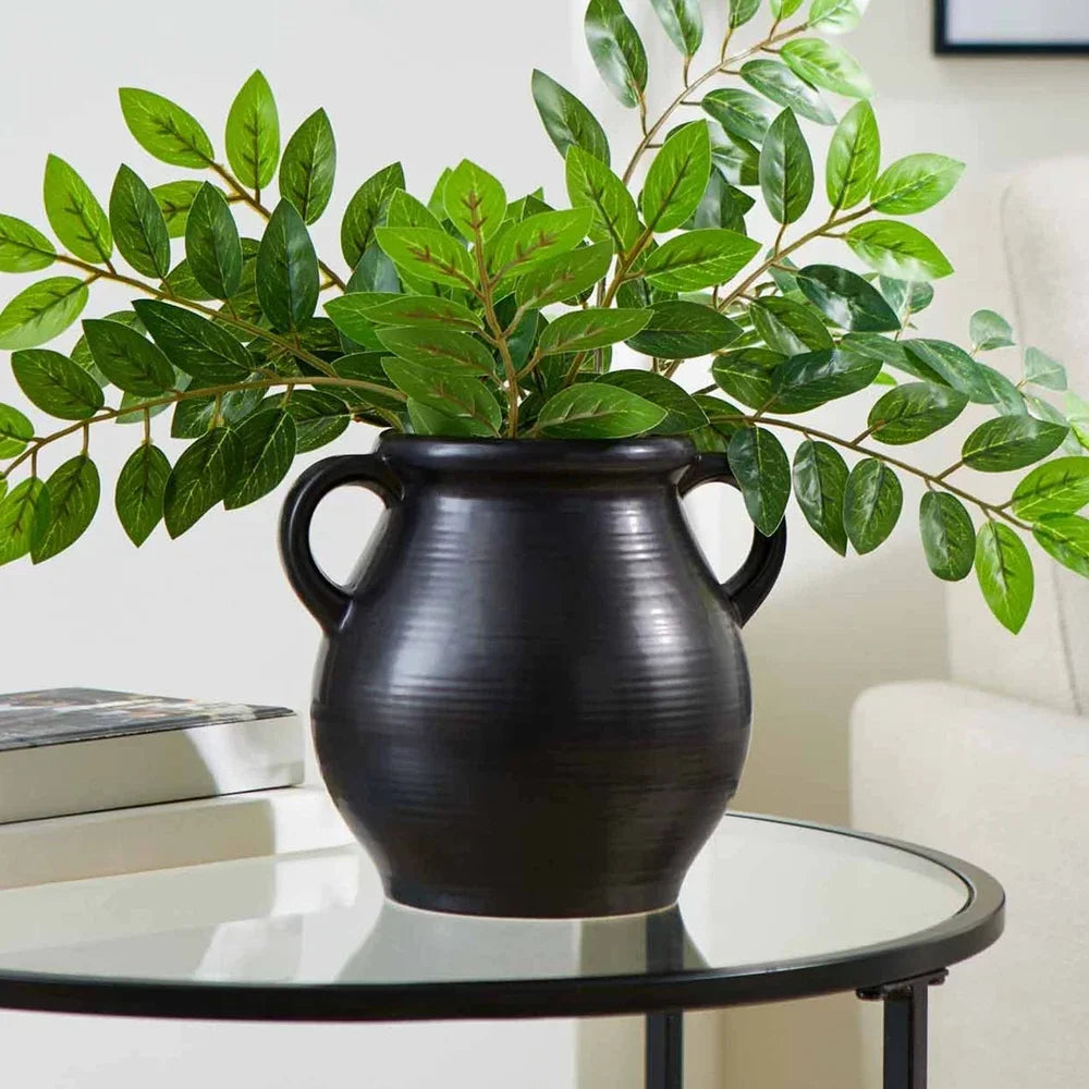 Ribbed Ceramic Vase Antique Inspired Plant Display With Handles