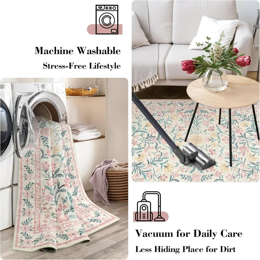 XMSJ Floral Area Rug Soft Boho Washable Non Slip Low Pile Indoor Carpet For Living Room And Bedroom