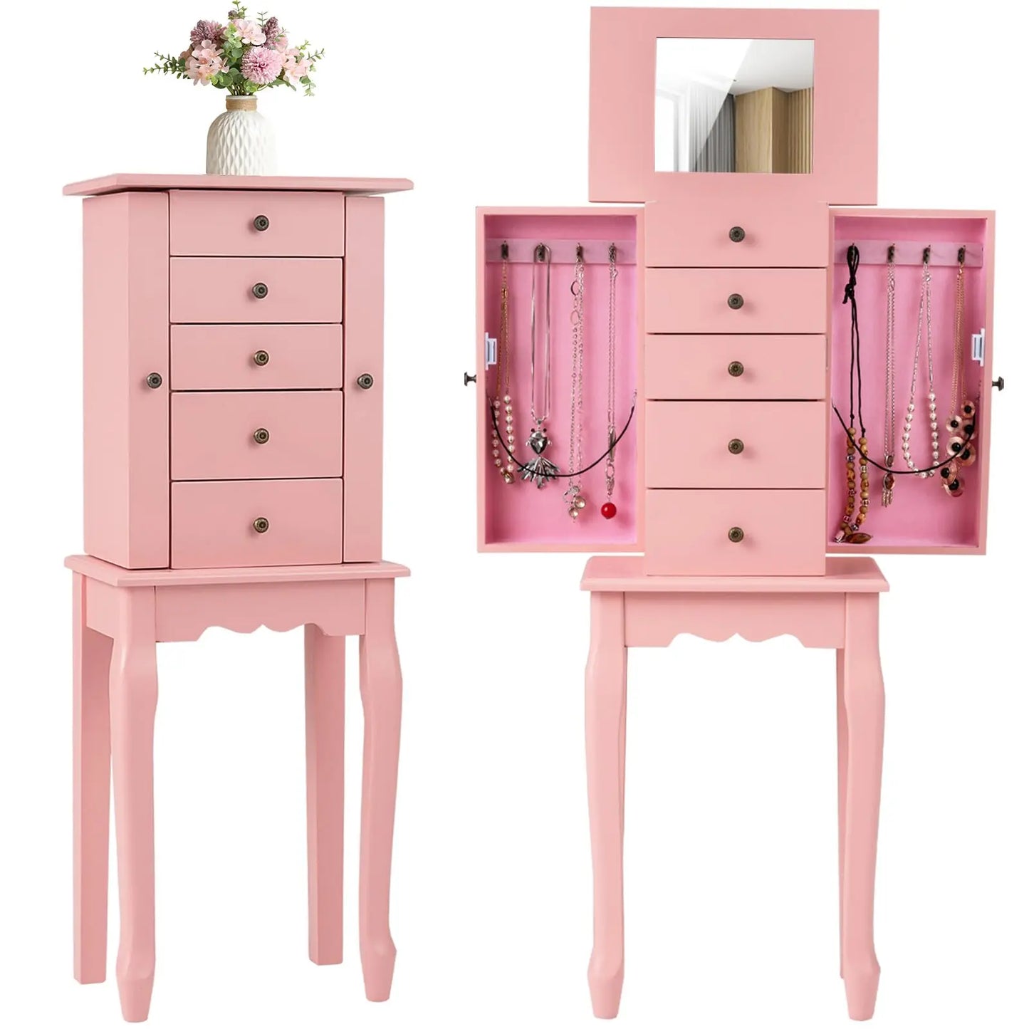 Standing Jewelry Armoire Cabinet 4 Drawers And Flip Top Mirror
