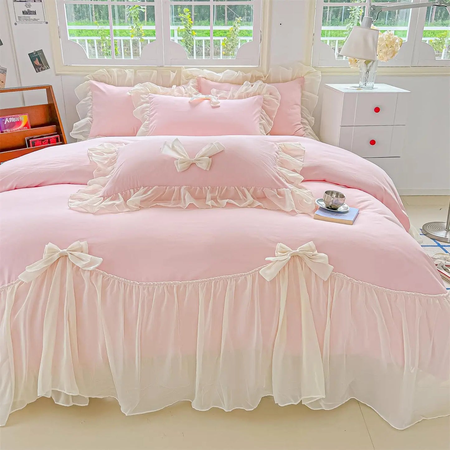 Lace Duvet Cover Set With Ruffles And Bow Includes Pillowcases