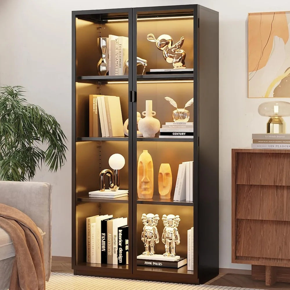 XMSJ Display Cabinet With Glass Doors LED Lighting Adjustable Shelves