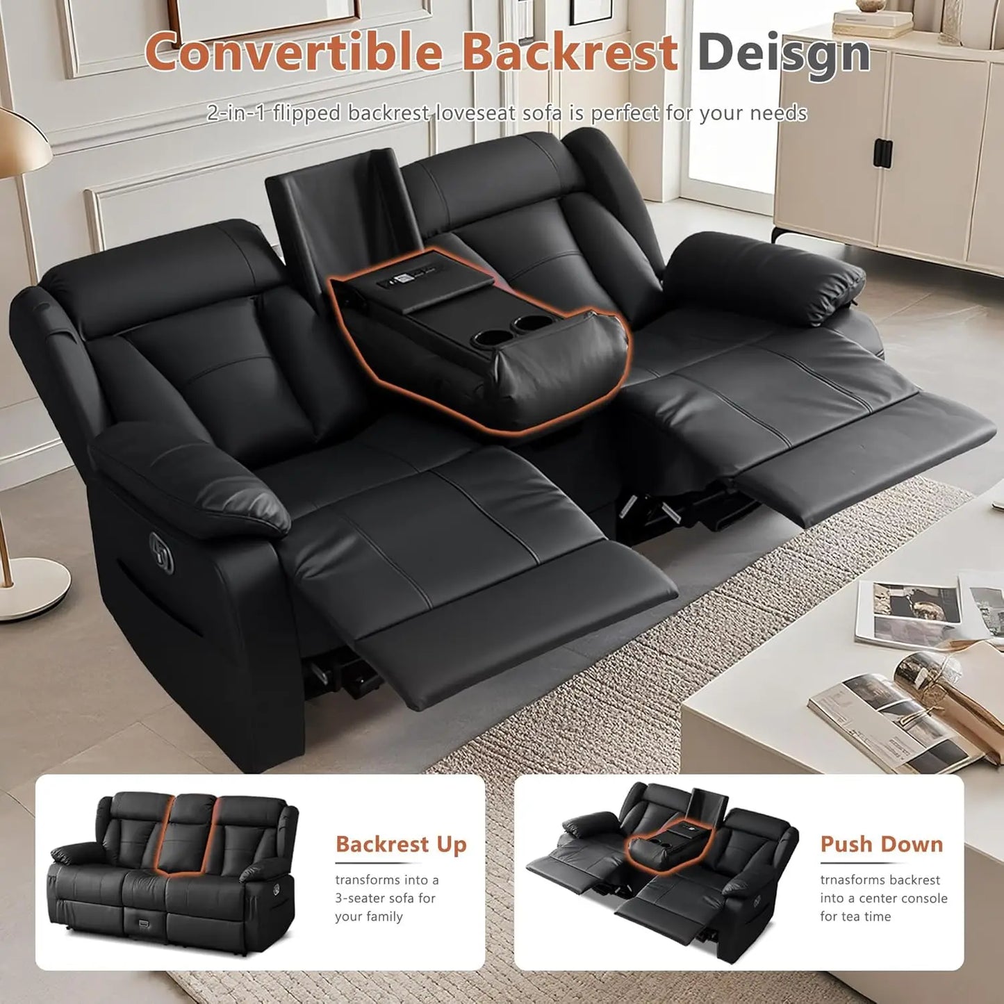 Loveseat Recliner Sofa With Console And Cup Holders Removable Cushions