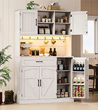 ONBRILL Pantry Cabinet With LED Light And Outlet Kitchen Storage