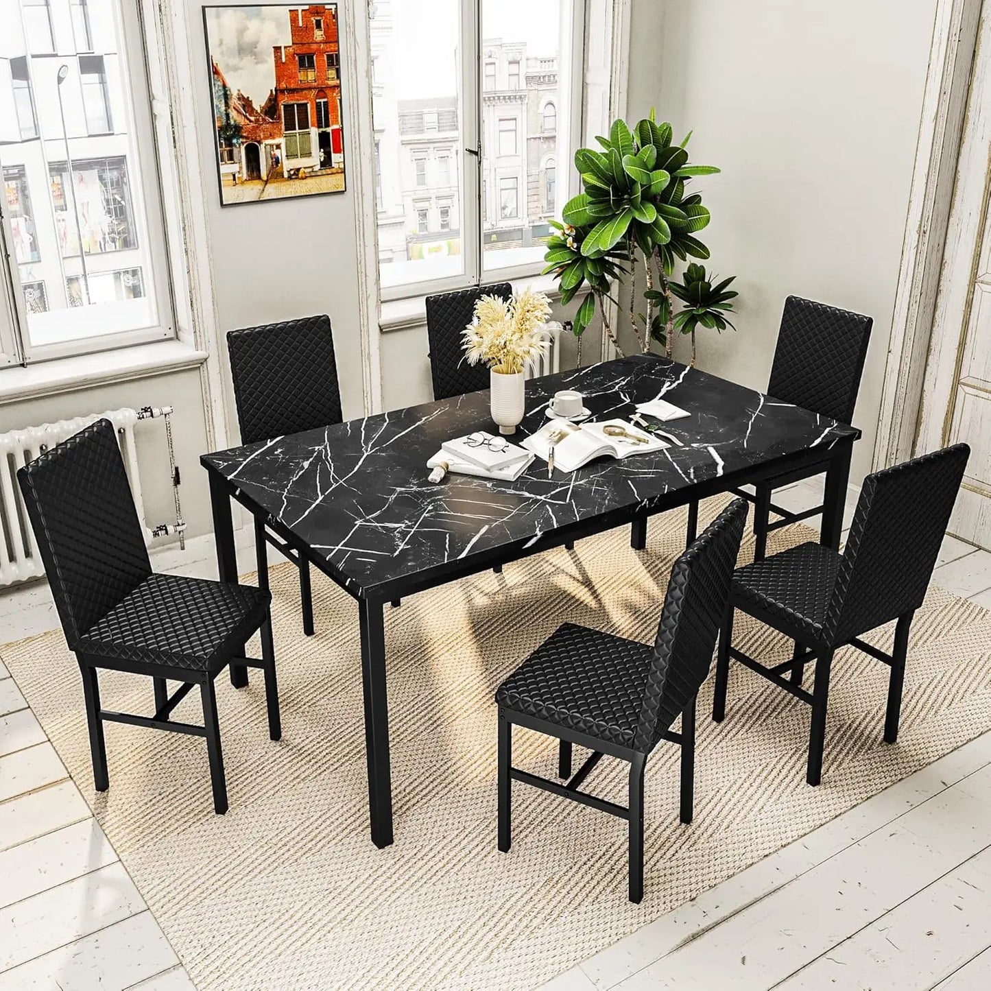 GUOHE Dining Table Set 6 Faux Marble PU Leather Chairs