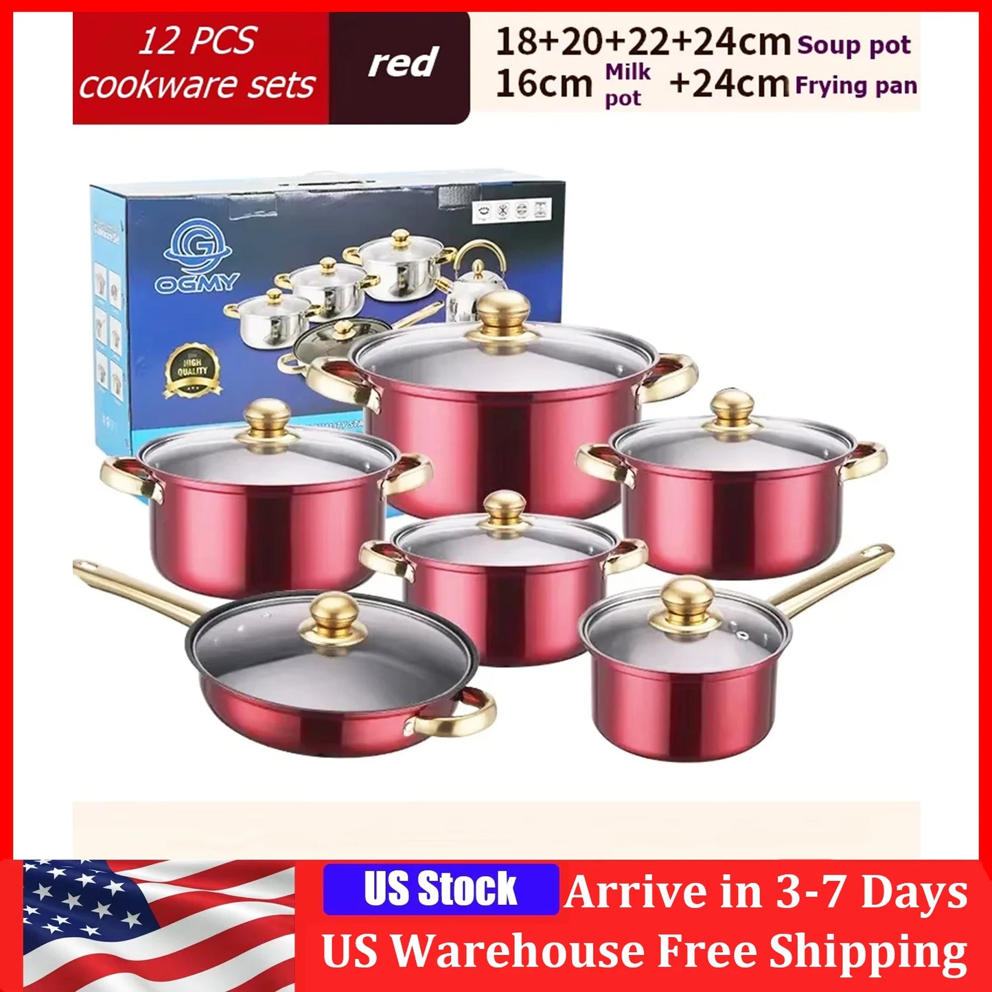 Noned 12 Piece Stainless Steel Cookware Set Milk Pot Pan Frying Pot Soup Pot