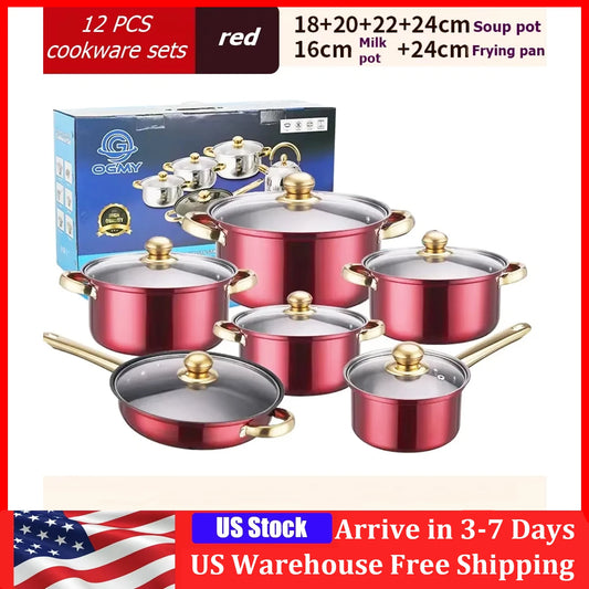 Noned 12 Piece Stainless Steel Cookware Set Milk Pot Pan Frying Pot Soup Pot
