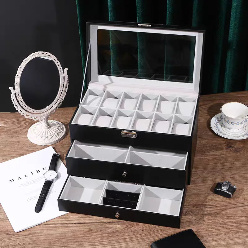 NONECN Leather Watch And Eyewear Box With Jewelry Display Drawer