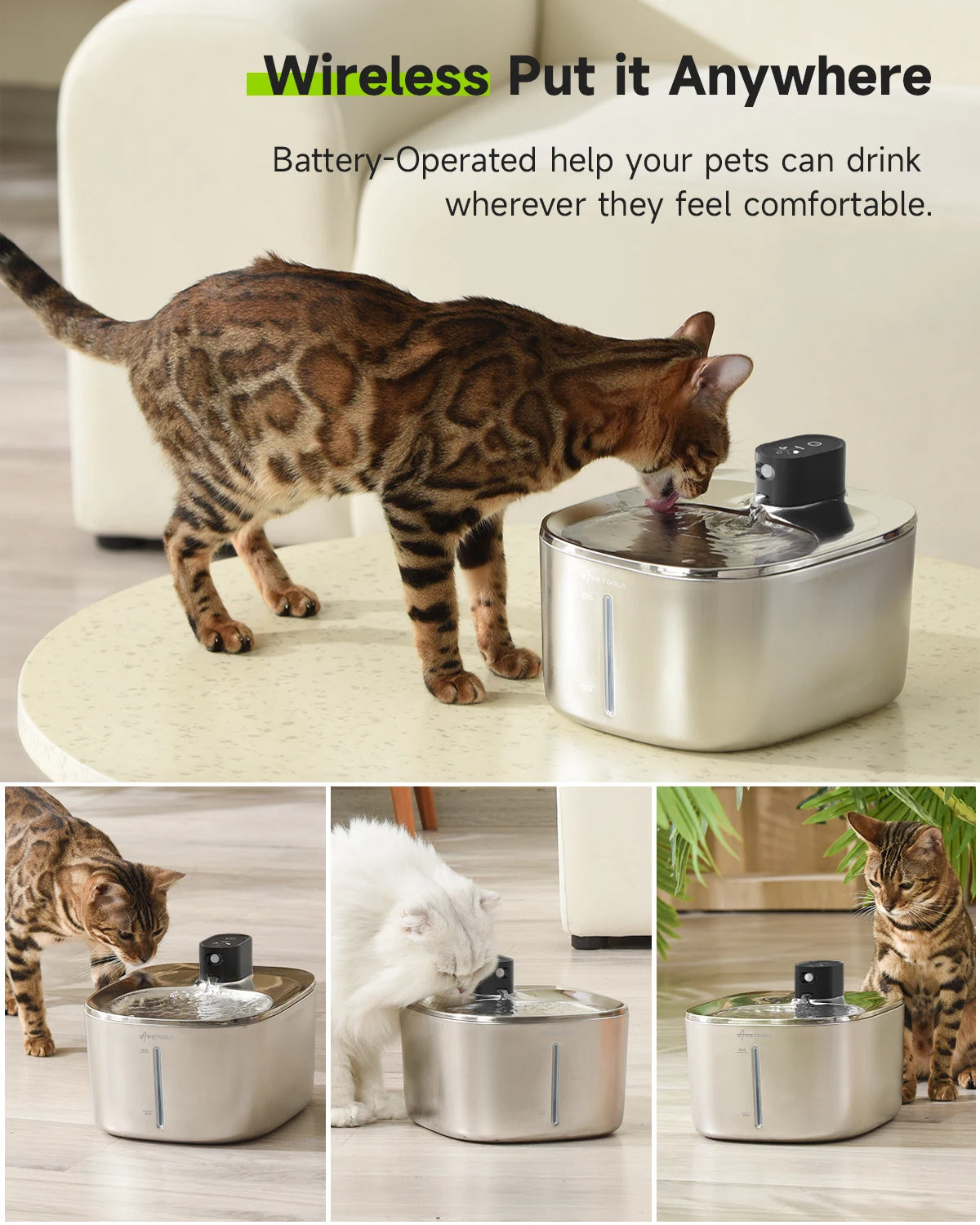 APD APETDOLA Wireless Cat Water Fountain Stainless Steel Battery Operated