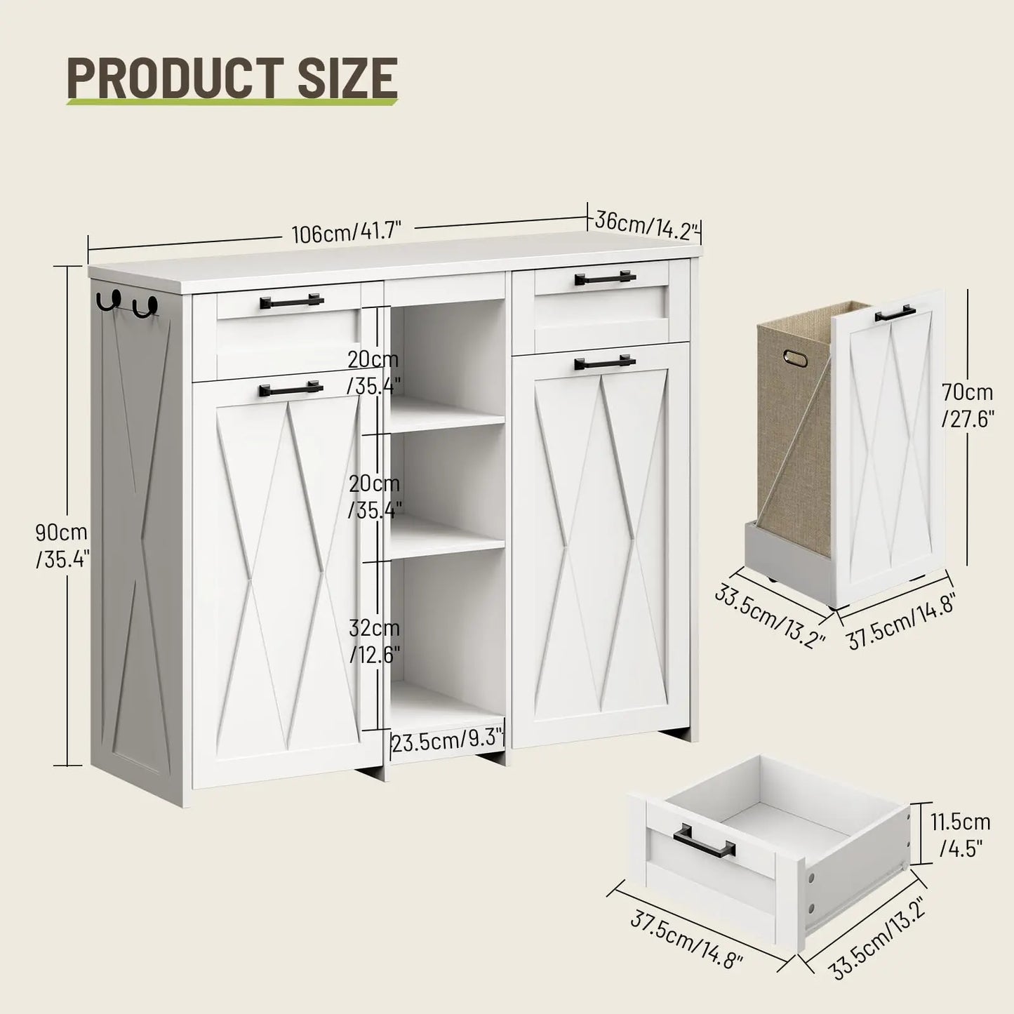 Laundry Hamper Cabinet With 2 Drawers And Removable Baskets