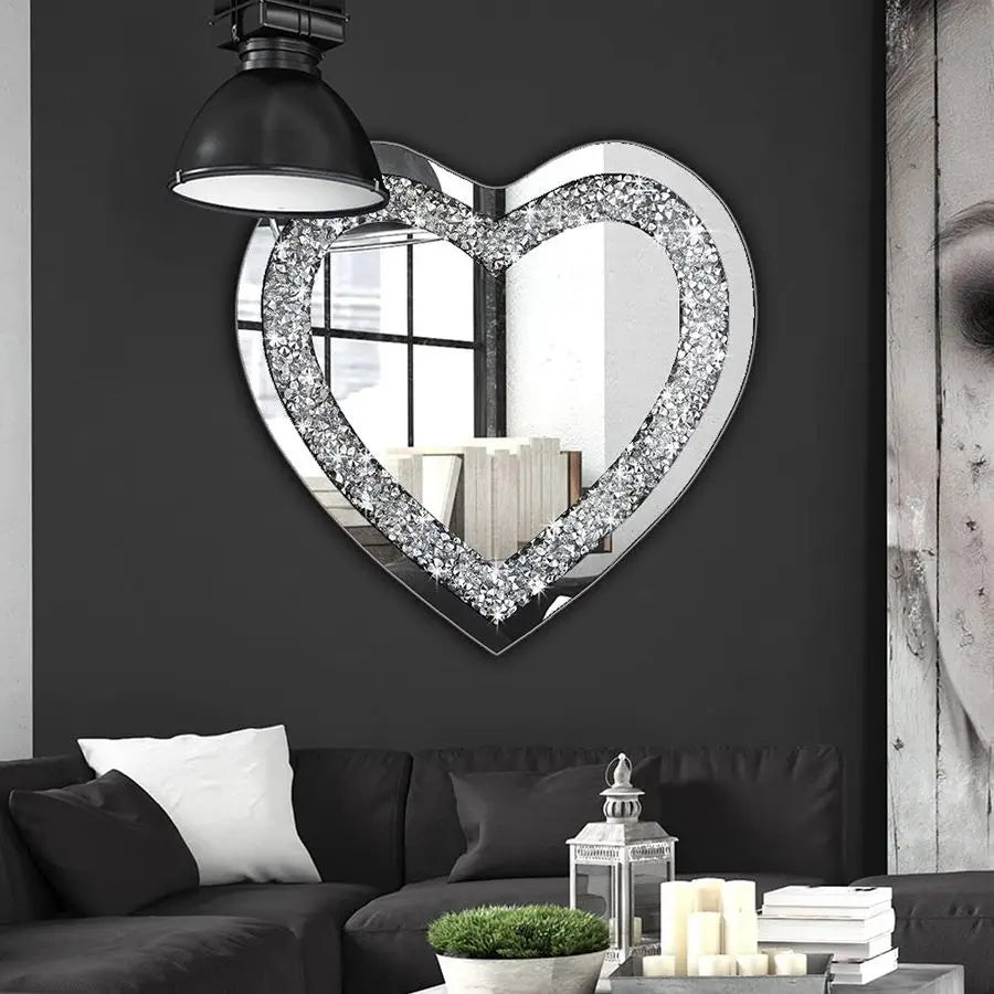 Crystal Crush Diamond Heart Shaped Silver Wall Mirror Frameless