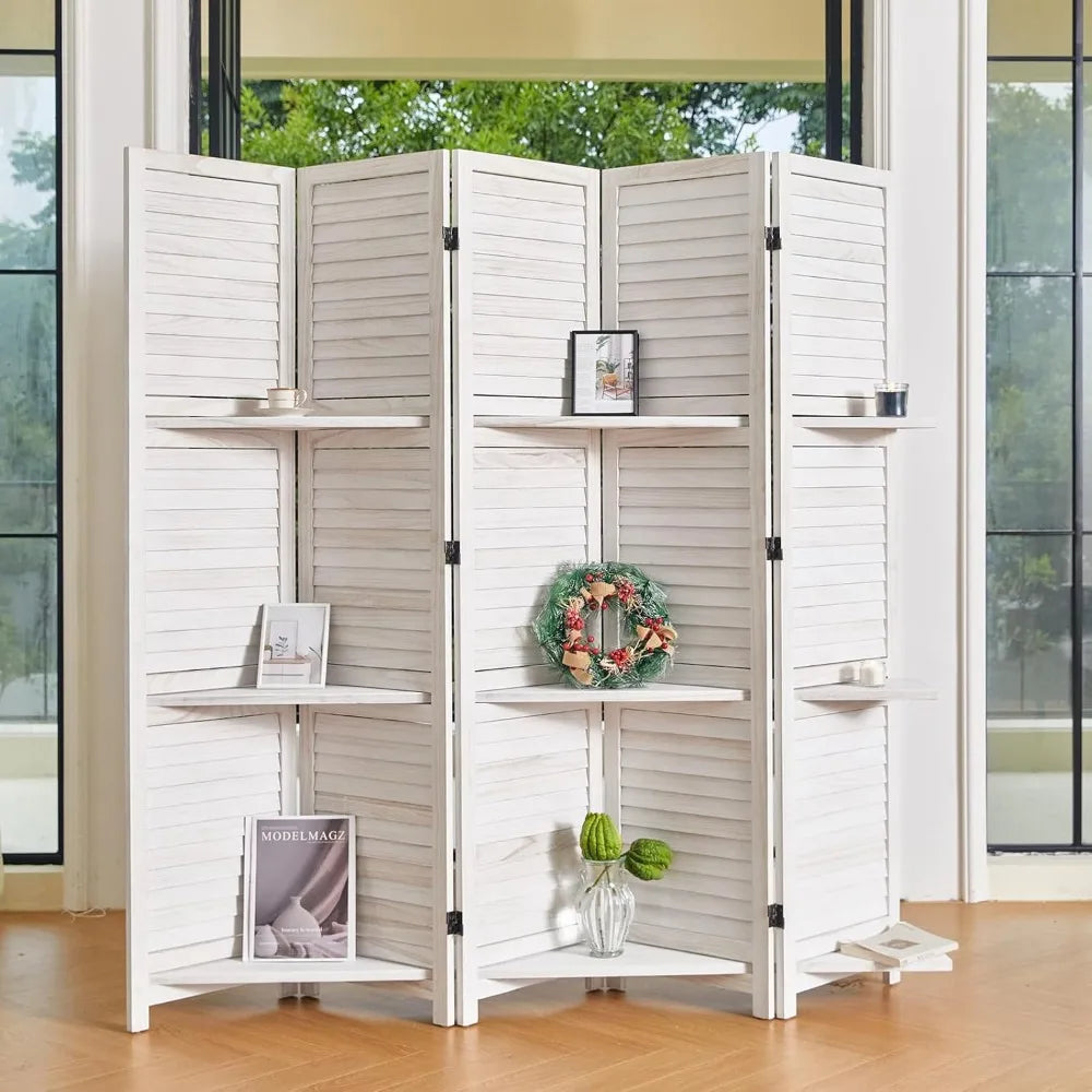 Wood Room Divider With Shelves Folding Screen Freestanding