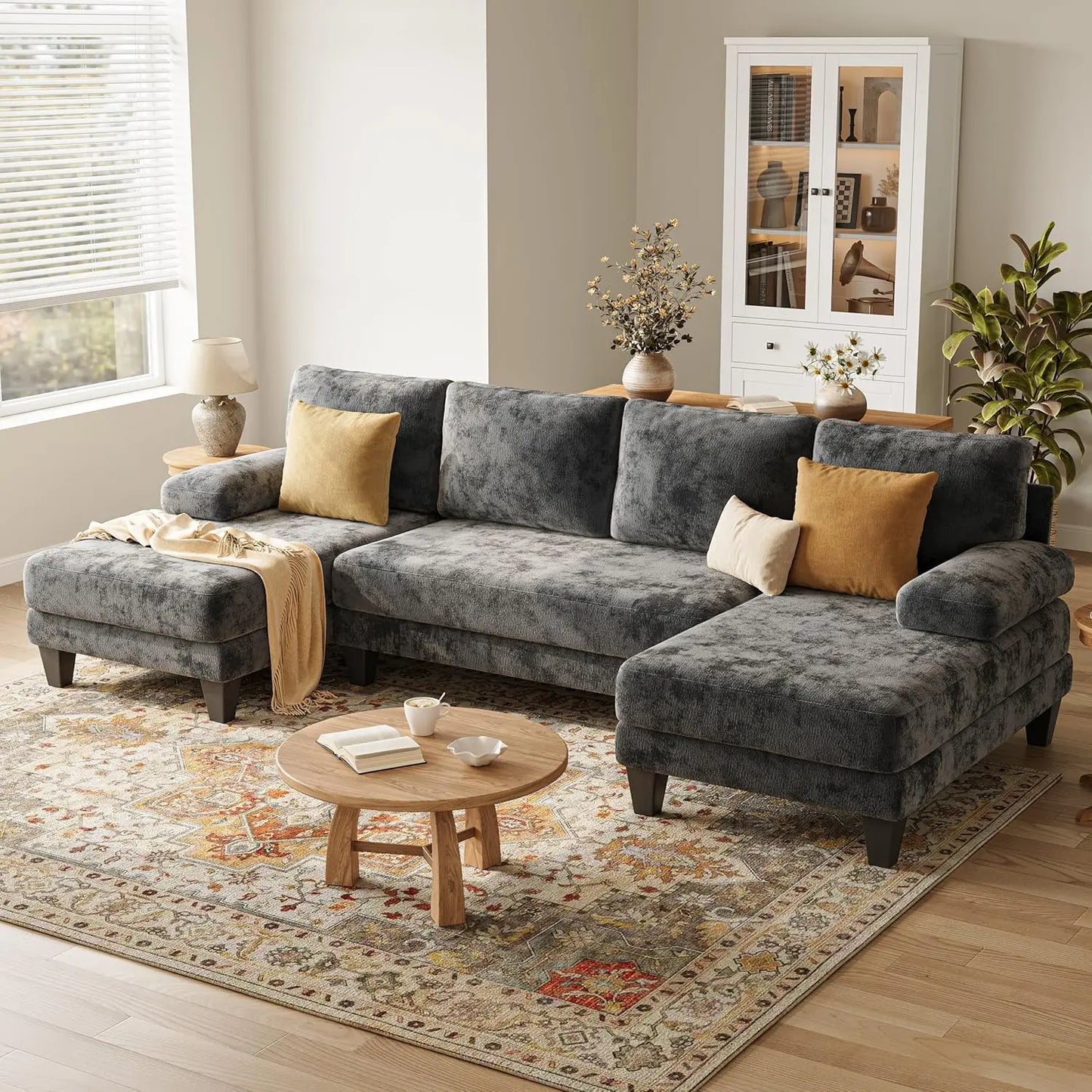 U Shaped Sectional Couch Chenille Sofa With Double Chaise