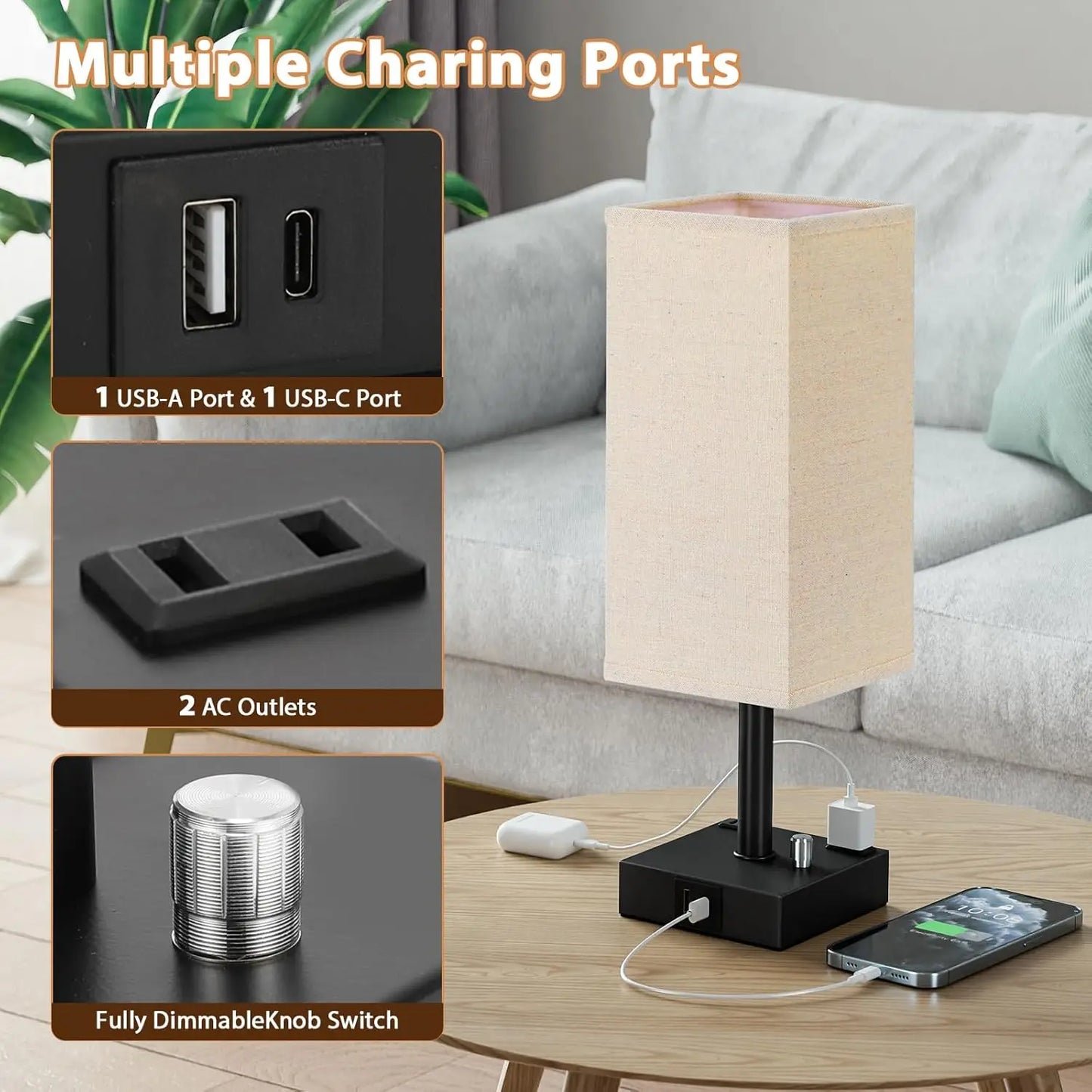 Fully Dimmable Nightstand Lamps Set Of 2 With USB Ports