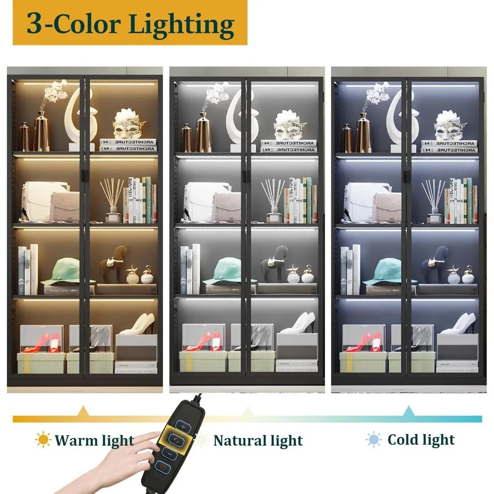 XMSJ Display Cabinet With Glass Doors LED Lighting Adjustable Shelves